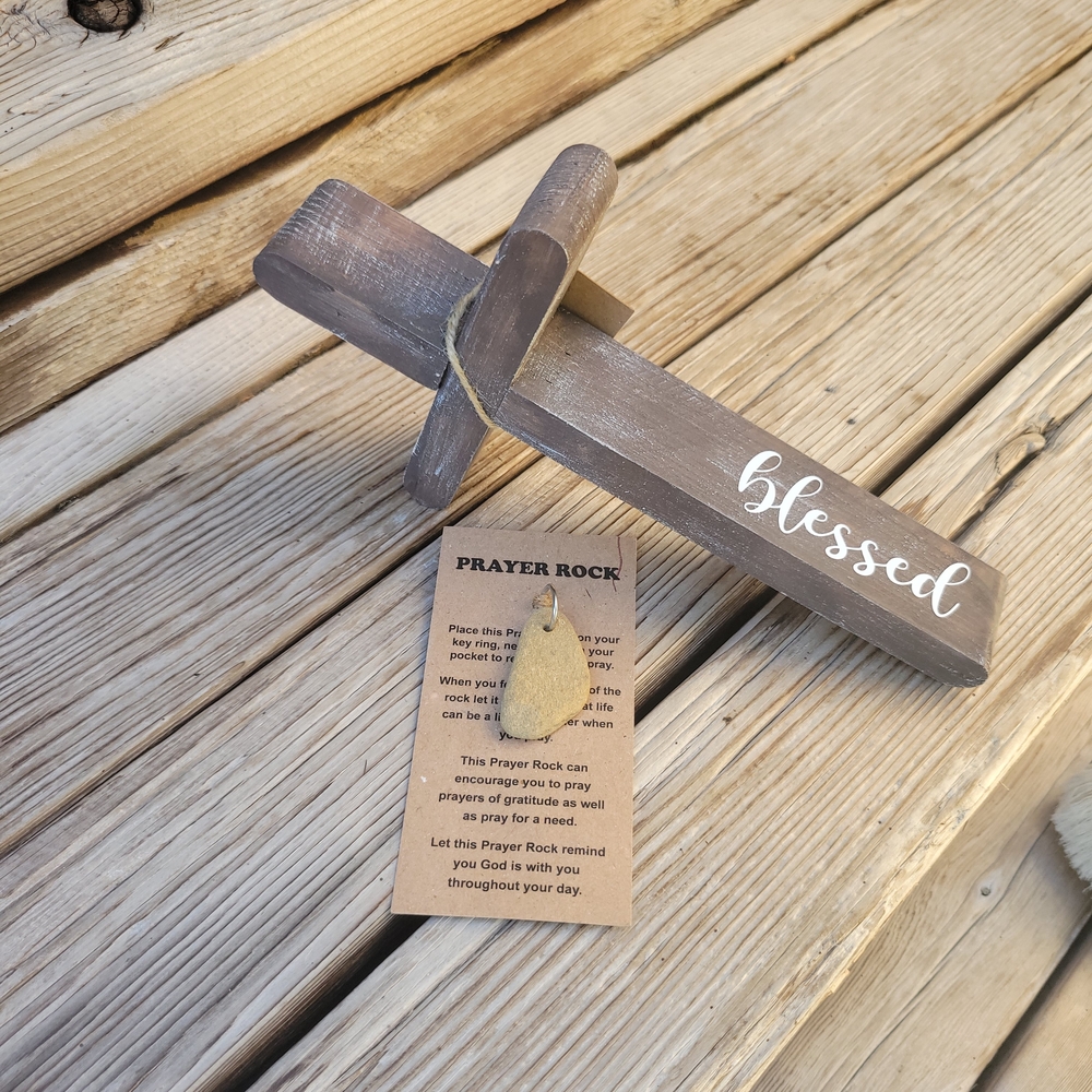 Wooden Cross with 'Blessed' Inscription